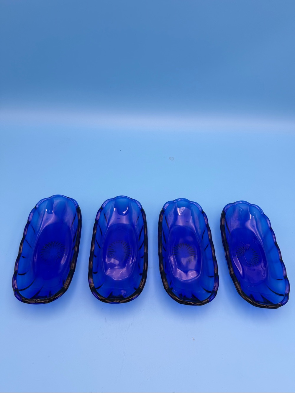 Set of 4 Vintage Cobalt Blue Glass Oval Relish Dishes, Scalloped Edges